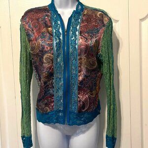 Jaipur Vintage Women's' Blue/Green Embroidered Sequin Lace Sheer Zip Up-Small